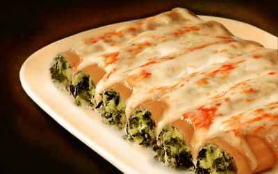 Canelones rellenos de alcachofas El Escolar y ricotta con salsa ligera de tomate