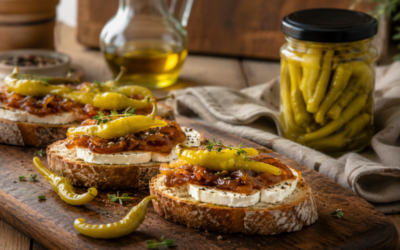 Tosta de queso de cabra, piparras y cebolla caramelizada
