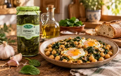 Garbanzos salteados con espinacas, ajo y huevo