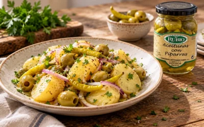 Ensalada templada de patata con aceitunas y piparras
